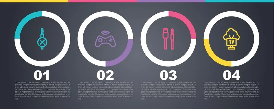 Set line No audio jack, Wireless gamepad, USB cable cord and Smart Tv. Busi.. Stockillustratie
