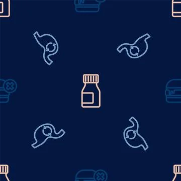 Set line No burger Human stomach health and Vitamins on seamless pattern. Vec Stock Illustration
