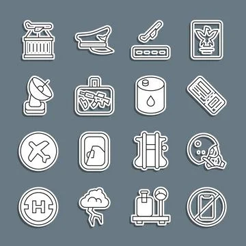 Set line No cell phone, Modern pilot helmet, Airline ticket, Plane takeoff,.. Stock Illustration