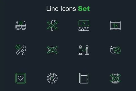Set line No cell phone, Play video, Camera shutter, Like heart, Comedy and .. Stock Illustration