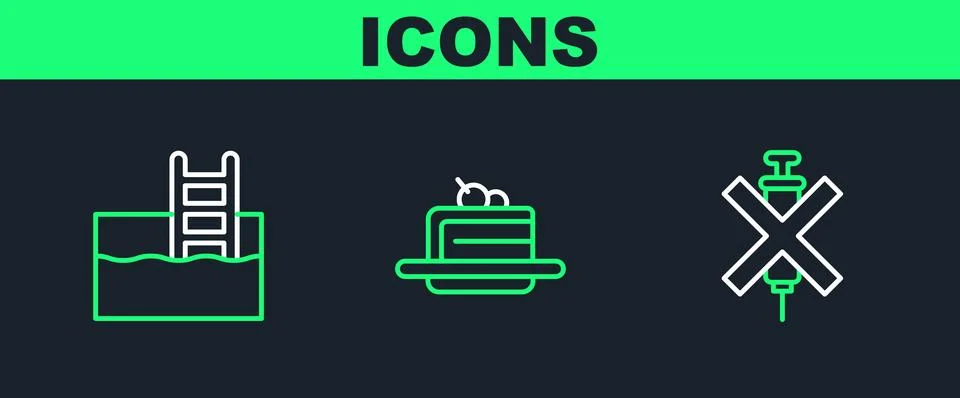 Set line No doping syringe, Swimming pool with ladder and Cake icon. Vector Stock Illustration