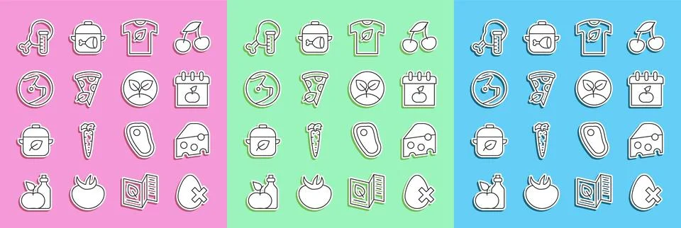 Set line No egg, Cheese, World Vegetarian day, Vegan shirt, pizza slice, Pi.. Stock Illustration
