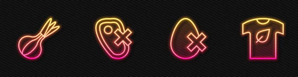 Set line No egg, Onion, meat and Vegan shirt. Glowing neon icon. Vector Stock Illustration