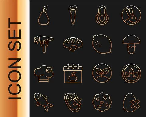 Set line No egg, Vegan food diet, Mushroom, Avocado fruit, bread loaf, Carrot Stock Illustration
