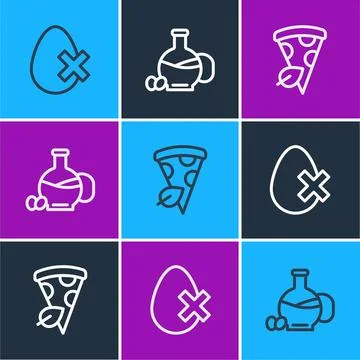 Set line No egg, Vegan pizza slice and Bottle of olive oil icon. Vector Stock Illustration