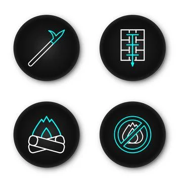 Set line No fire, Campfire, Evacuation plan and Metal pike pole icon. Vector Stock Illustration