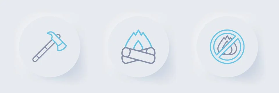 Set line No fire, Campfire and Firefighter axe icon. Vector Stock Illustration