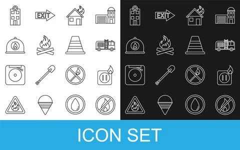 Set line No fire, Electric wiring of socket in, Fire truck, burning house, .. Stock Illustration