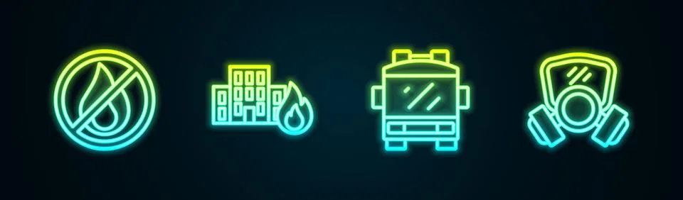 Set line No fire, Fire in burning buildings, truck and Gas mask. Glowing neon Stock Illustration