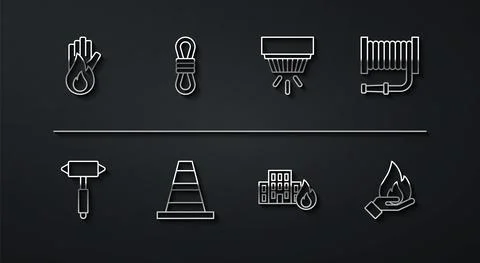 Set line No fire, Firefighter axe, hose reel, in burning buildings, Traffic cone Stock Illustration