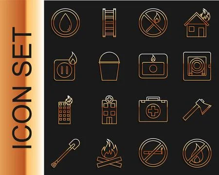 Set line No fire, Firefighter axe, hose cabinet, match, bucket, Electric wi.. Stock Illustration
