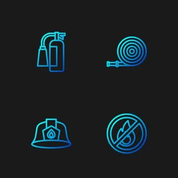 Set line No fire, Firefighter helmet, extinguisher and hose reel. Gradient .. Stock Illustration