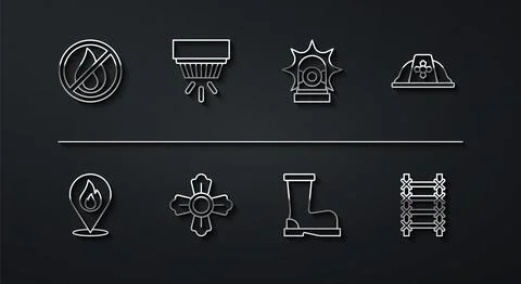 Set line No fire, Location with flame, Firefighter helmet, boots, Smoke alarm Stock Illustration