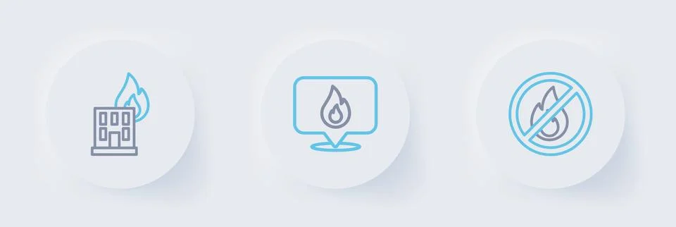 Set line No fire, Location with flame and Fire in burning building icon. Vect Ilustración de archivo