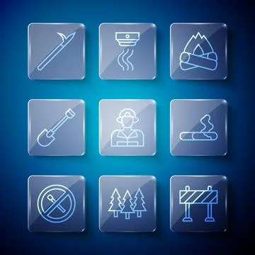 Set line No fire match, Forest, Road barrier, Campfire, Firefighter, shovel.. Illustration