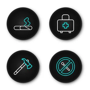 Set line No fire match, Firefighter axe, First aid kit and Cigarette icon. .. Stock Illustration