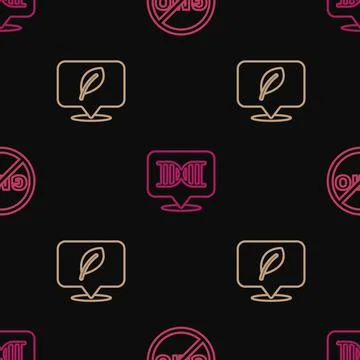 Set line No GMO, Location with leaf and DNA symbol on seamless pattern. Vector Illustrazione stock
