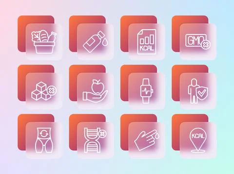 Set line No GMO, Smart watch with heart, Finger blood, Apple, Diet plan, Sh.. Stock Illustration