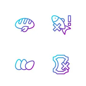 Set line No leather, Chicken egg, Vegan bread loaf and fish. Gradient color.. Stock Illustration