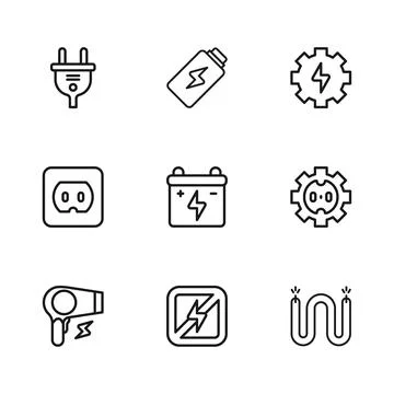 Set line No lightning, Electrical outlet, cable, Car battery, Gear and, plu.. Stock Illustration