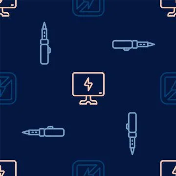 Set line No lightning, Soldering iron and Smart Tv on seamless pattern. Vector Stock Illustration
