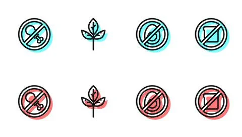 Set line No meat, , Leaf or leaves and Gluten free grain icon. Vector Stock Illustration