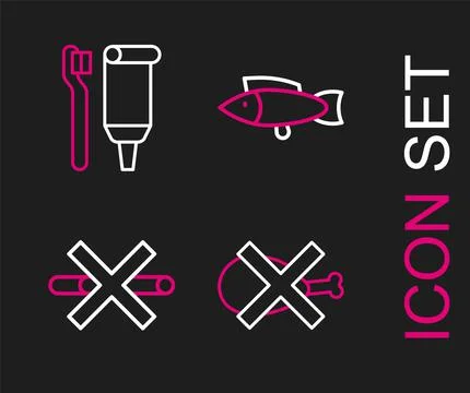 Set line No meat, Smoking, Fish and Toothbrush and toothpaste icon. Vector 库存插图