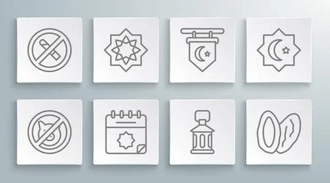 Set line No pig, Octagonal star, Ramadan calendar, Kareem lantern, Date fruit Stock Illustration