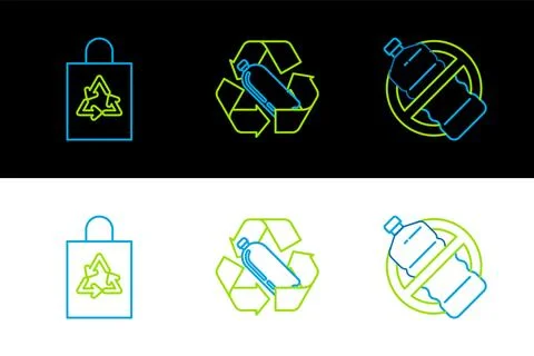 Set line No plastic bottle, Plastic bag with recycle and Recycling icon. Vector Stock Illustration