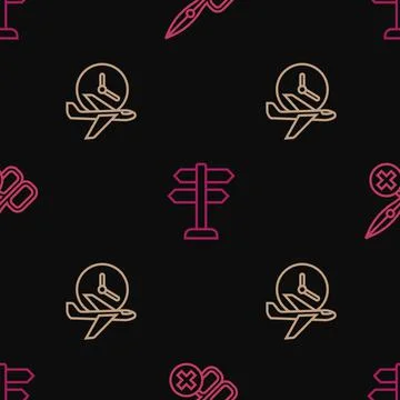 Set line No scissors, Flight time and Road traffic sign on seamless pattern イラスト素材