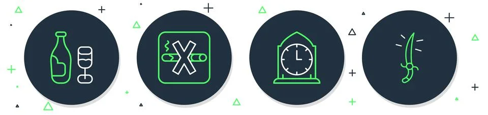 Set line No Smoking, Clock, Wine bottle with glass and Arabian saber icon. .. Stock Illustration