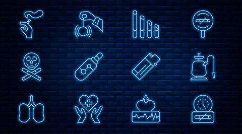 Set line No smoking time, Hookah, Smoking cigarette, Electronic, Bones and skull Stock Illustration