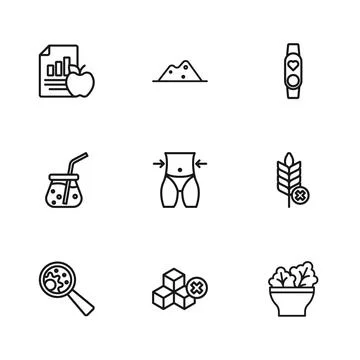 Set line No sugar free, Gluten grain, Salad bowl, Women waist, Smart watch .. Stock Illustration
