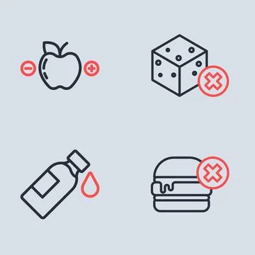 Set line No sugar free, Bottle of water, burger and Calorie calculator icon.. Stock Illustration