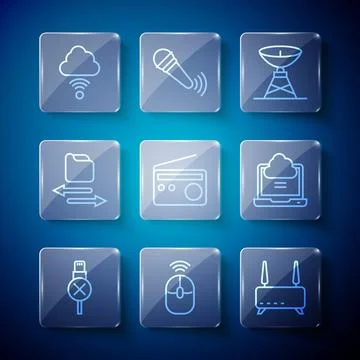 Set line No usb cable cord, Wireless computer mouse, Router and wi-fi signal Stock Illustration