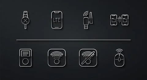 Set line No usb cable cord, Music player, Data transfer and storage, Wi-Fi Stock Illustration