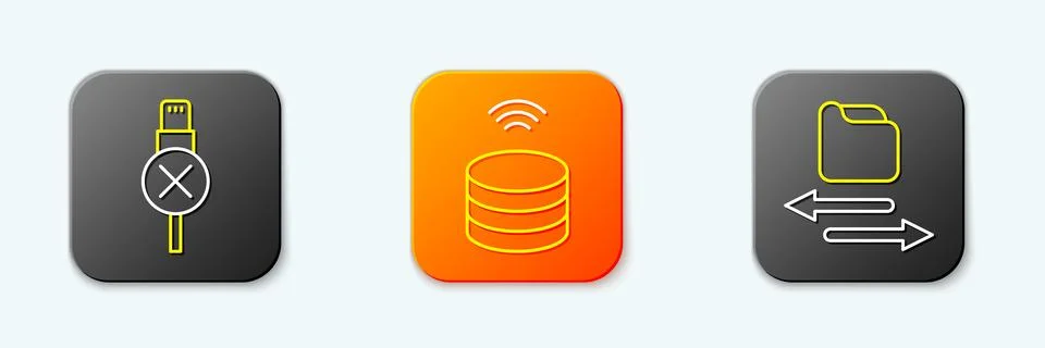 Set line No usb cable cord, Smart data server and Transfer files icon. Vector 스톡 일러스트