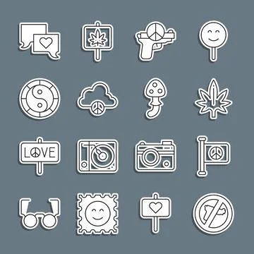 Set line No war, Flag peace, Marijuana, Peace cloud, Yin Yang symbol, Speec.. 스톡 일러스트