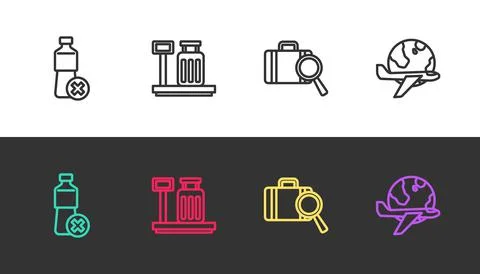 Set line No water bottle, Scale with suitcase, Lost baggage and Globe flying Stock Illustration