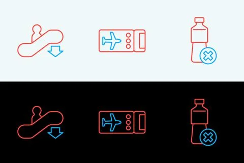 Set line No water bottle, Escalator down and Airline ticket icon. Vector Stock Illustration