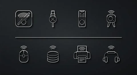 Set line No Wi-Fi wireless internet, Wireless computer mouse, Web camera, Smart Stock Illustration