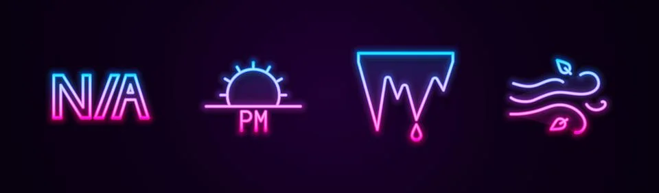 Set line Not applicable, Sunset, Icicle and Wind. Glowing neon icon. Vector Stock Illustration