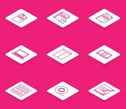 Set line Note paper with pinned pushbutton, Delete file document, File, Lapto Stock Illustration