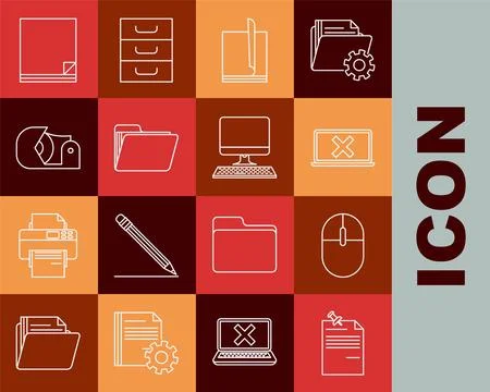 Set line Note paper with pinned pushbutton, Computer mouse, Laptop and cross Illustrazione stock