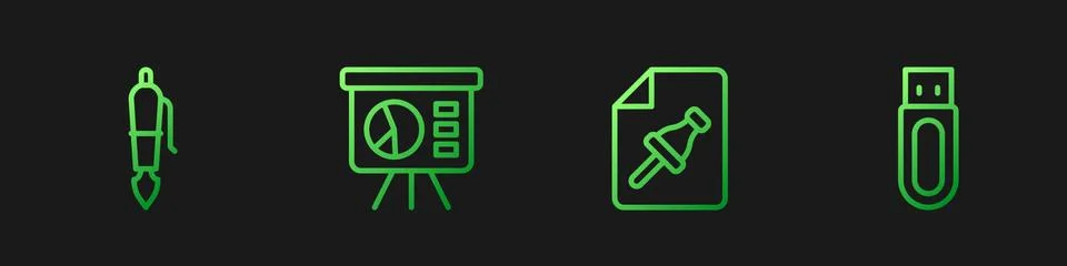 Set line Note paper with push button, Fountain pen nib, Board graph and USB Stock Illustration