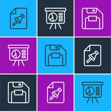 Set line Note paper with push button, Floppy disk and Board graph icon. Vector Stock Illustration