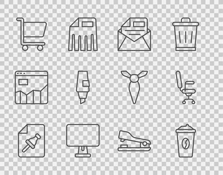 Set line Note paper with push button, Coffee cup go, Mail and e-mail, Computer Stock Illustration
