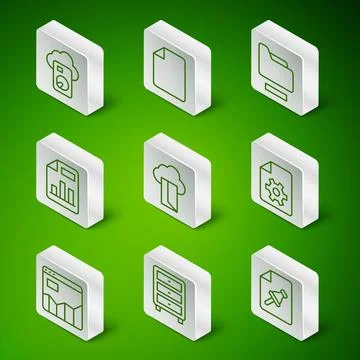 Set line Note paper with push button, Archive papers drawer, Cloud database.. Stock Illustration