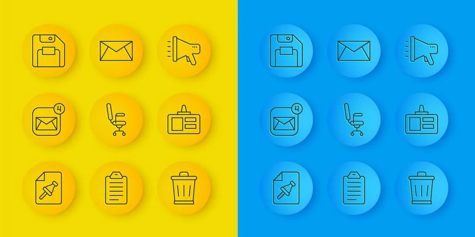 Set line Note paper with push button, Envelope, Office chair, Trash can, Id.. Illustrazione stock