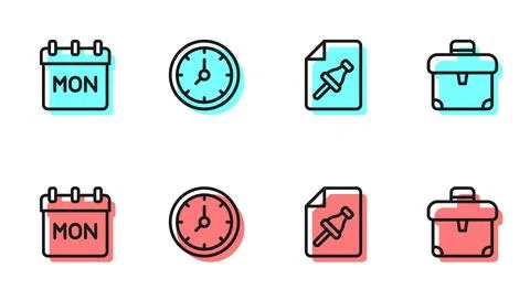 Set line Note paper with push button Calendar Clock and Briefcase icon. Vecto Stock Illustration